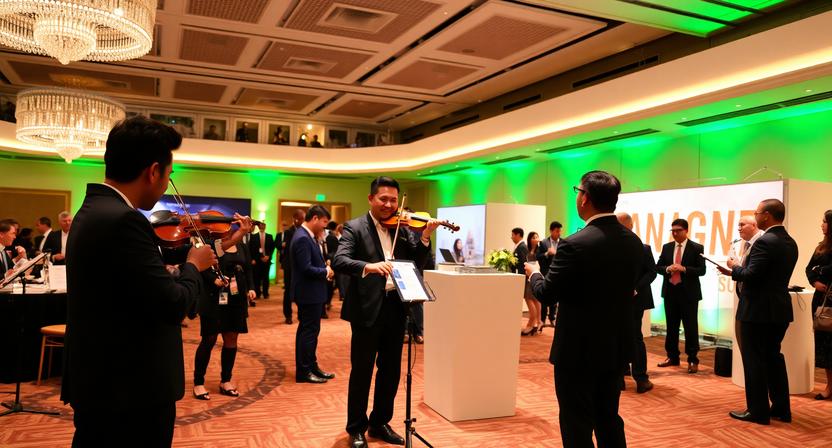 International conference attendees enjoying a live fiddle performance during a networking event.