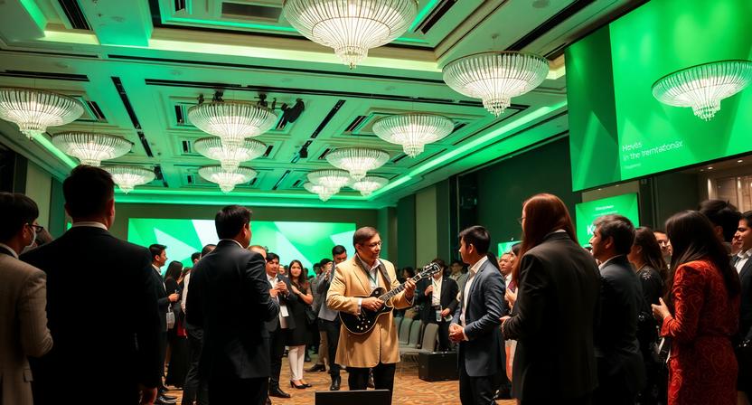 International conference networking event featuring live mandolin musicians in a green-themed venue.