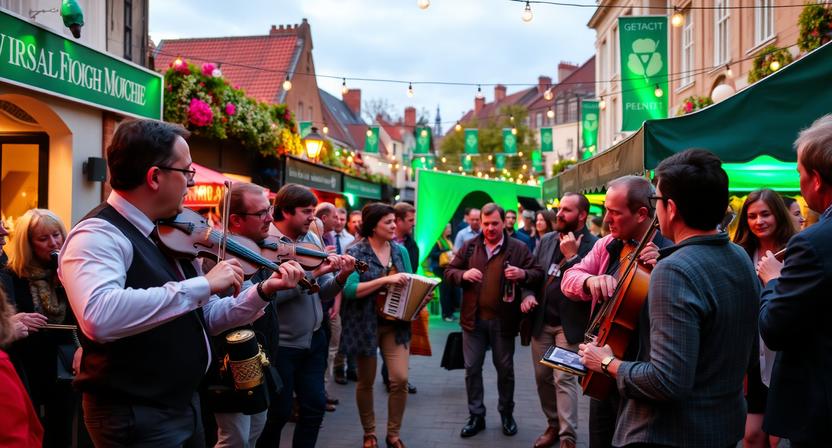 Conference travelers enjoying a traditional Irish music festival near an international event destination.