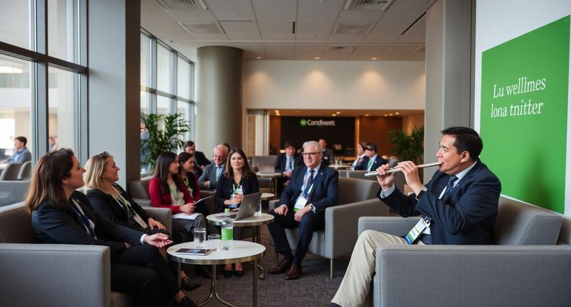 Conference attendees relaxing in a wellness lounge with live silver flute music.