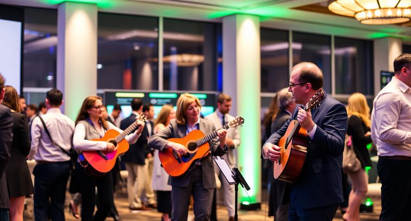 International conference attendees networking with live acoustic music featuring 4 string instruments.