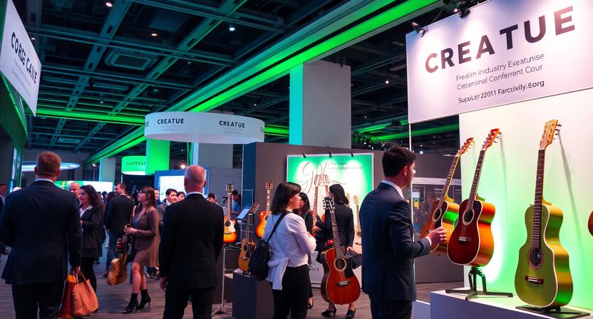 International conference attendees exploring a guitar showcase during a cultural event.