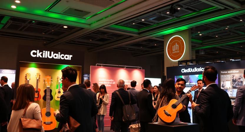 Conference attendees exploring a ukulele showcase at an international event.