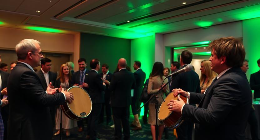 International conference attendees enjoying a live bodhrán performance during a networking event.