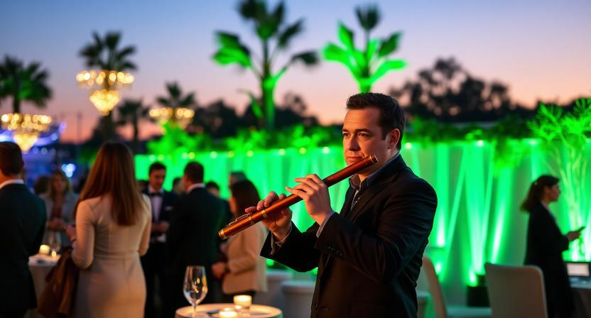 International conference attendees enjoying a wooden flute performance during a networking reception.