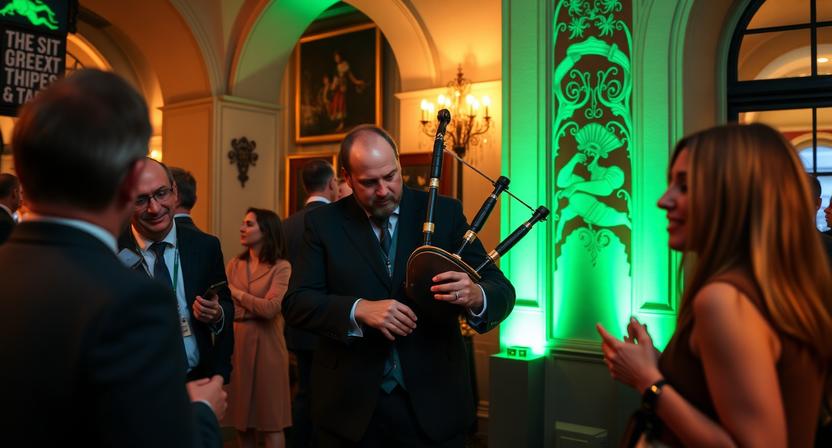 International conference attendees enjoying a live uilleann pipes performance during a networking event.